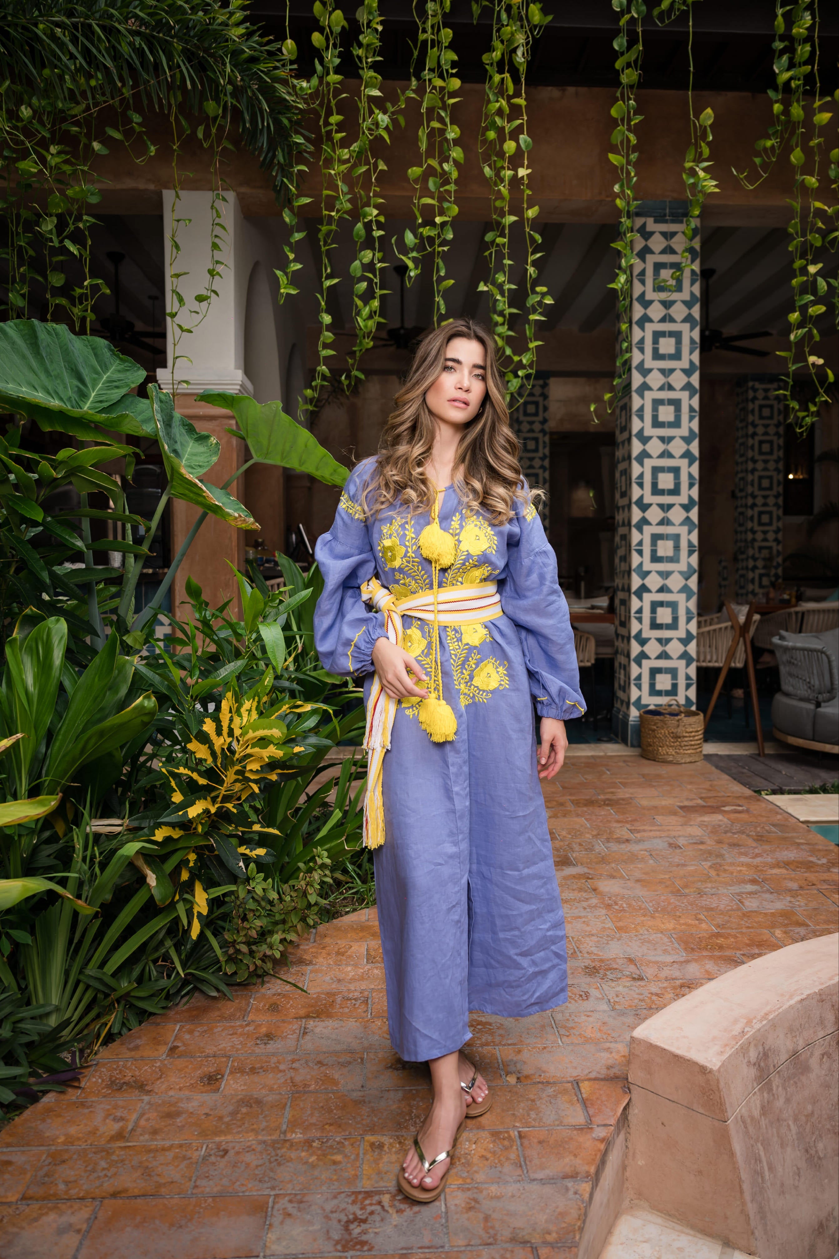 Túnica lino jacaranda con amarillo