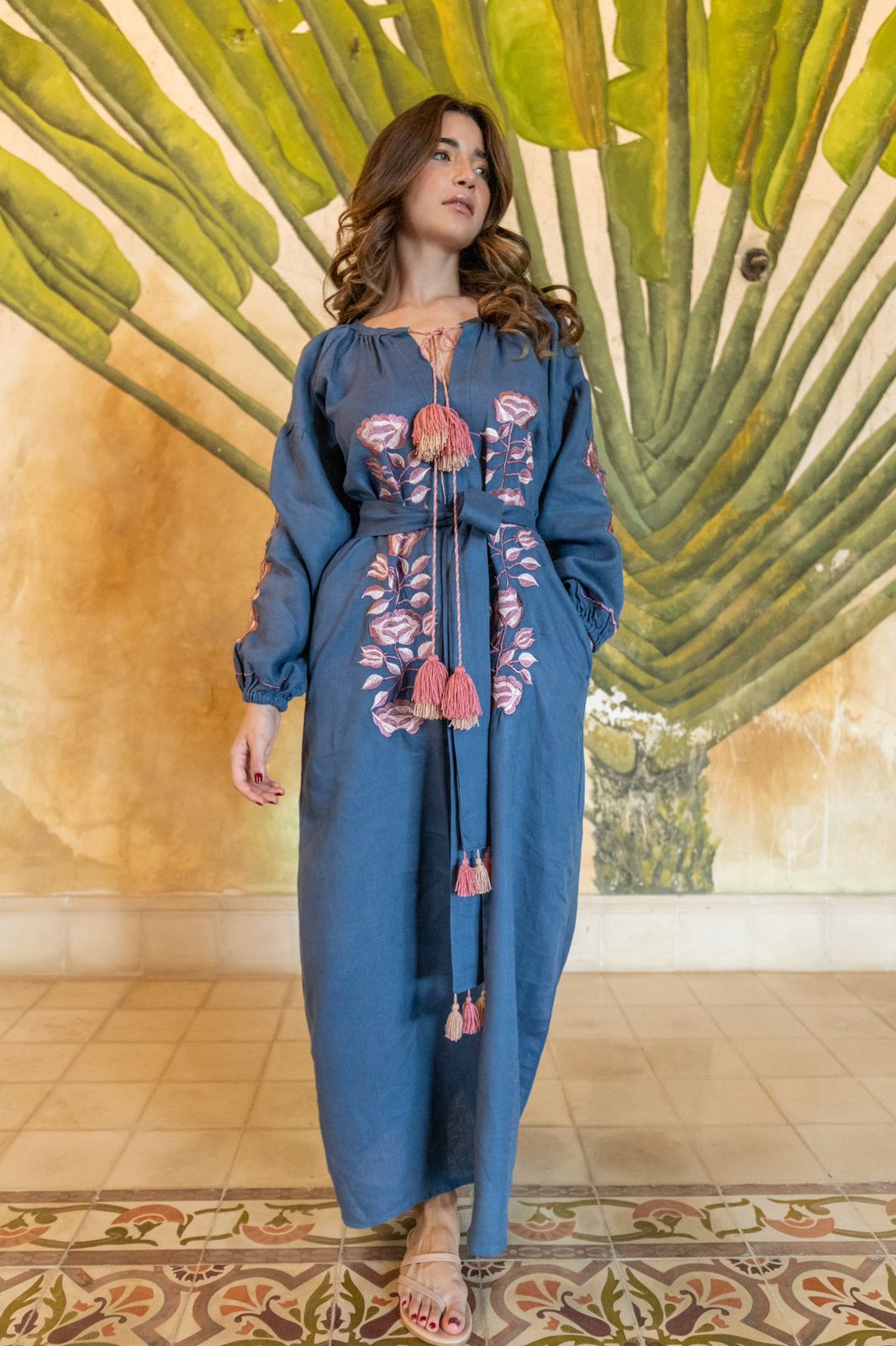 Túnica lino azul con tonos marrón