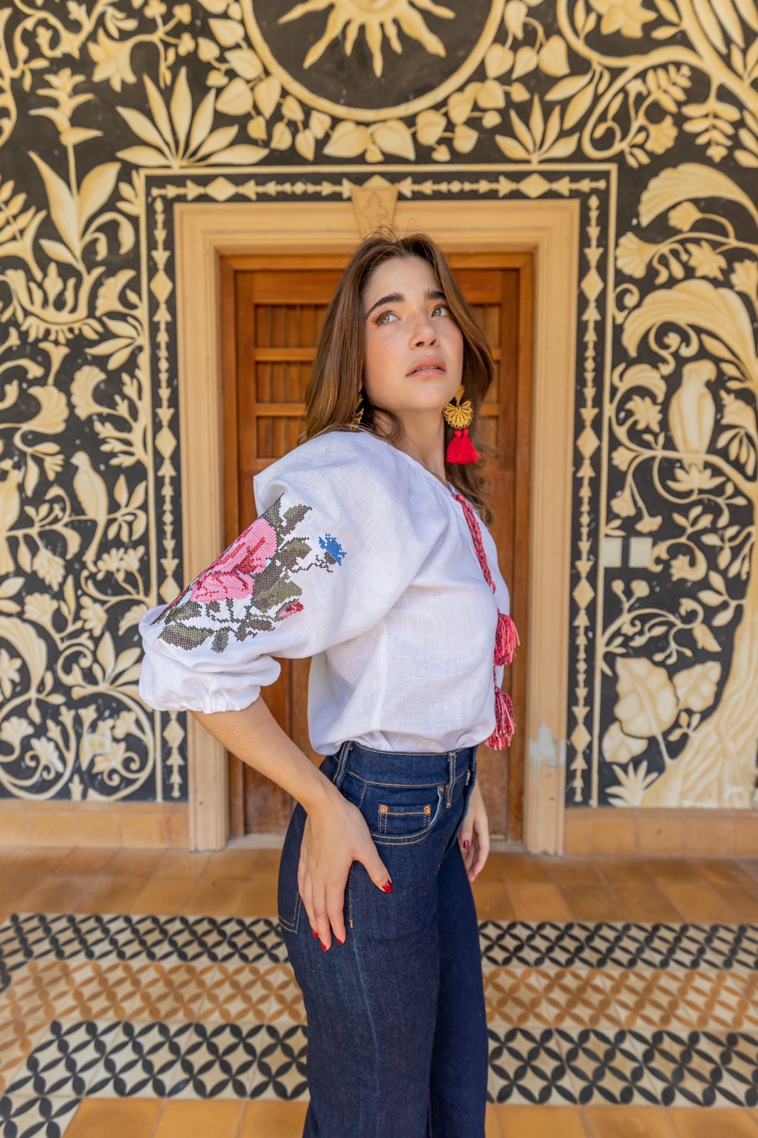 Blusa de lino blanco punto de cruz