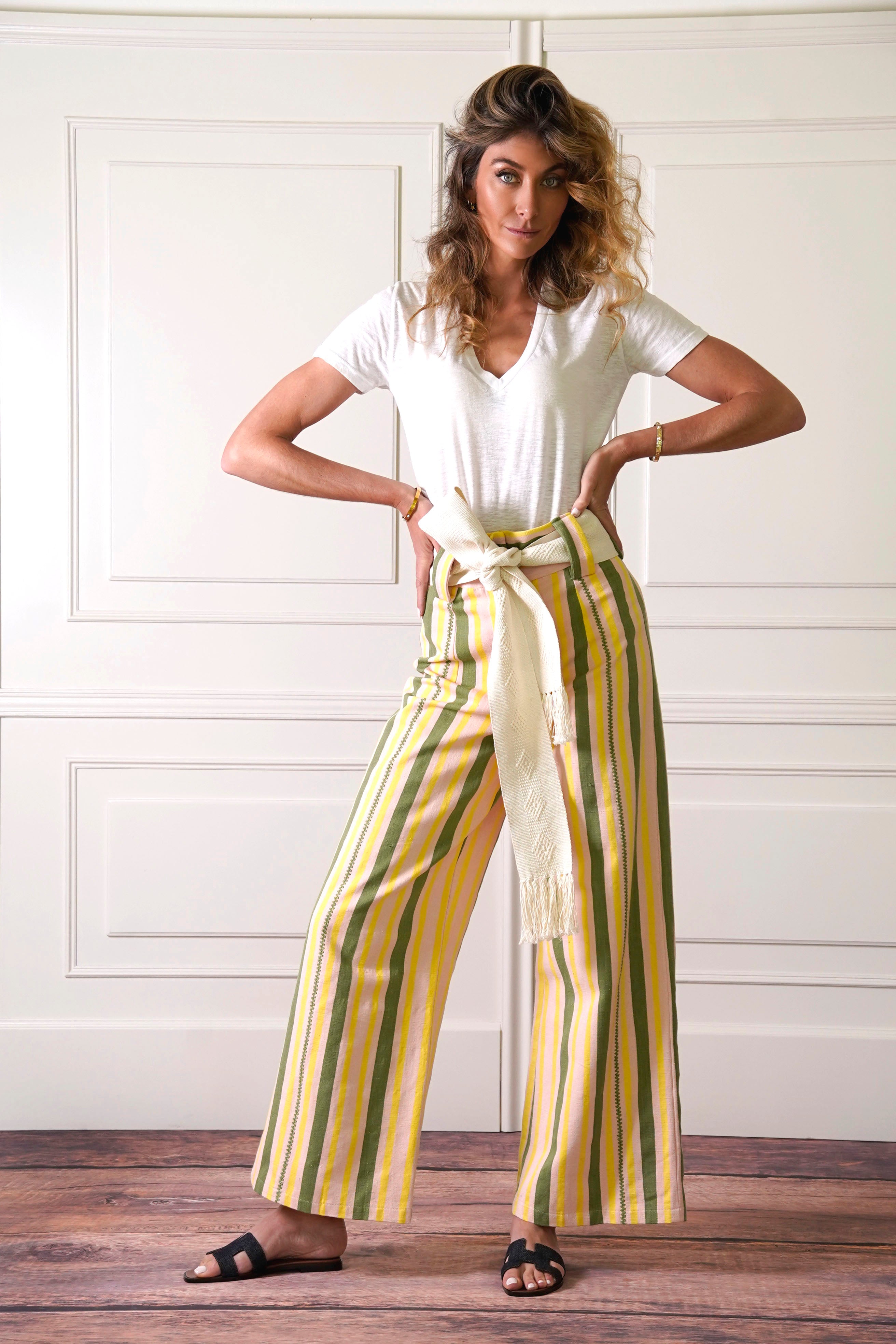 Pantalón de telar rayas olivo y mostaza.