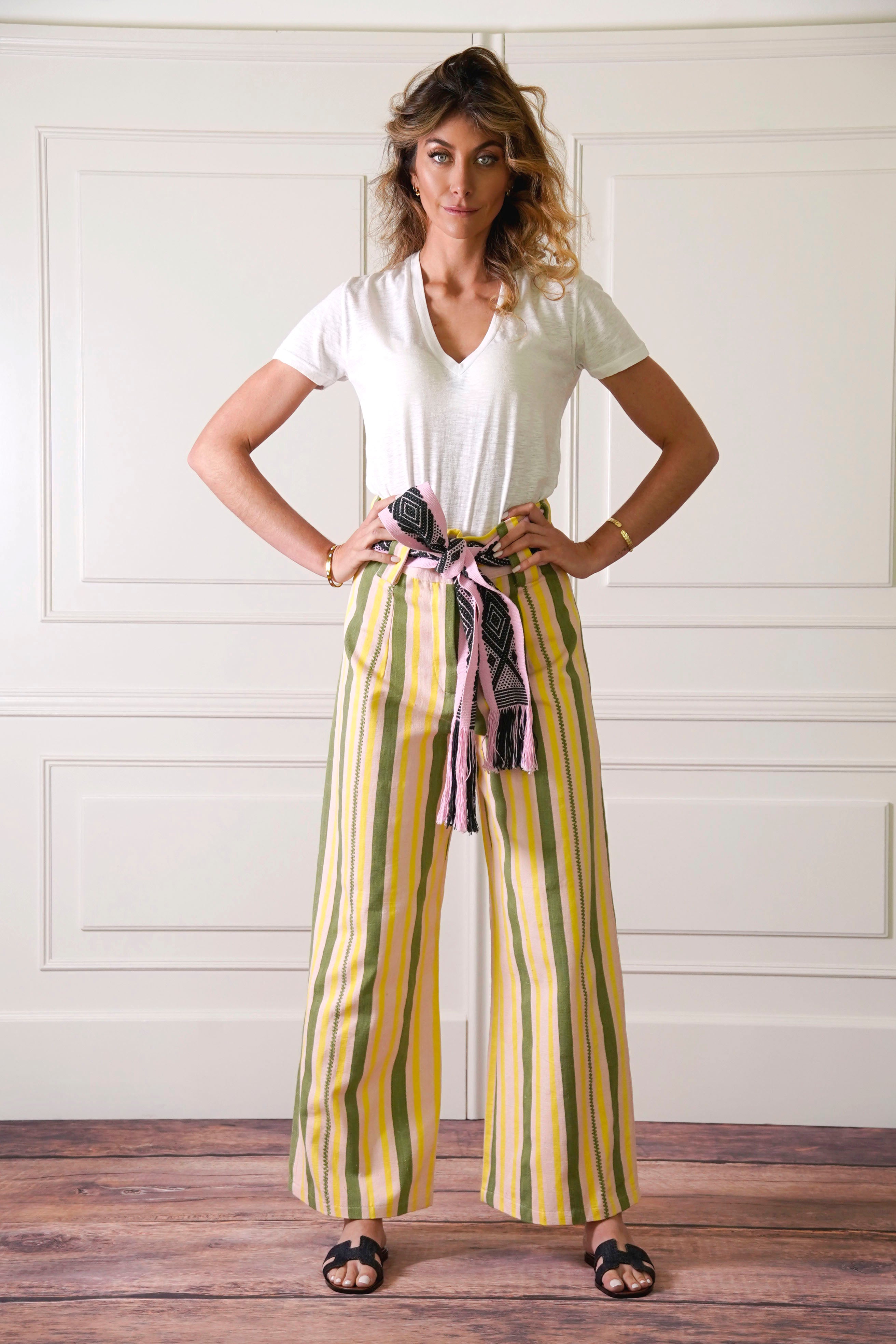 Pantalón de telar rayas olivo y mostaza.