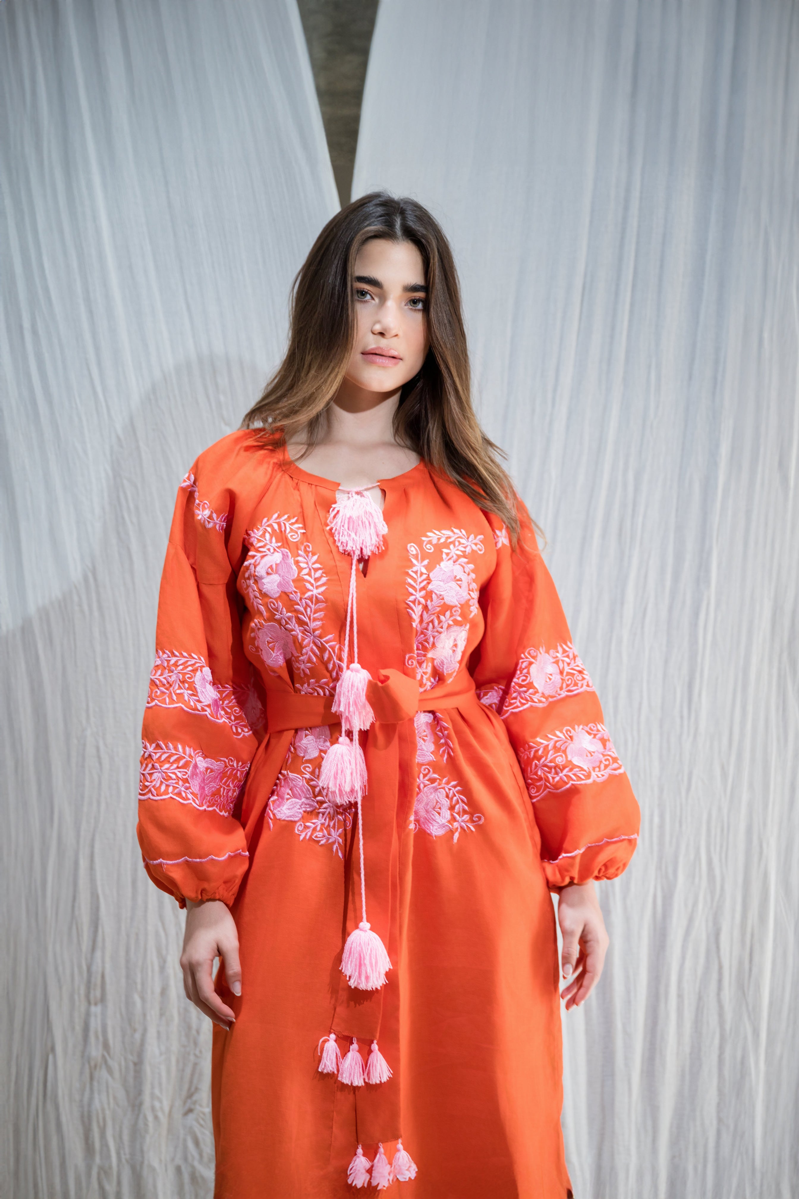 Túnica Lino Naranja con Rosa