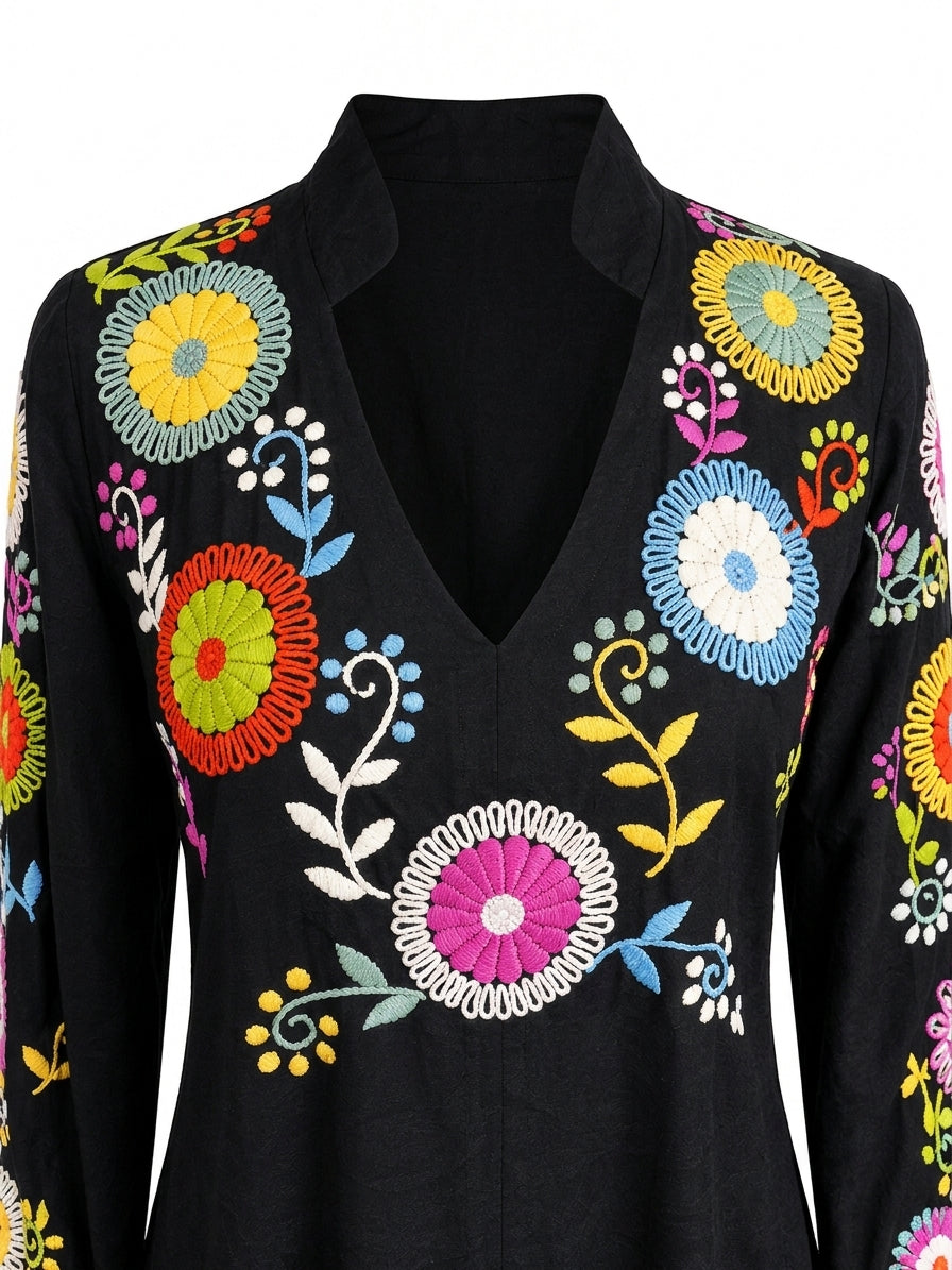 Tunica kimono negra bordado a mano