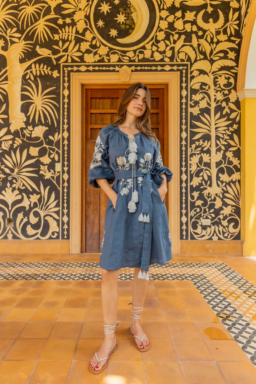 Túnica lino corta azul con plata