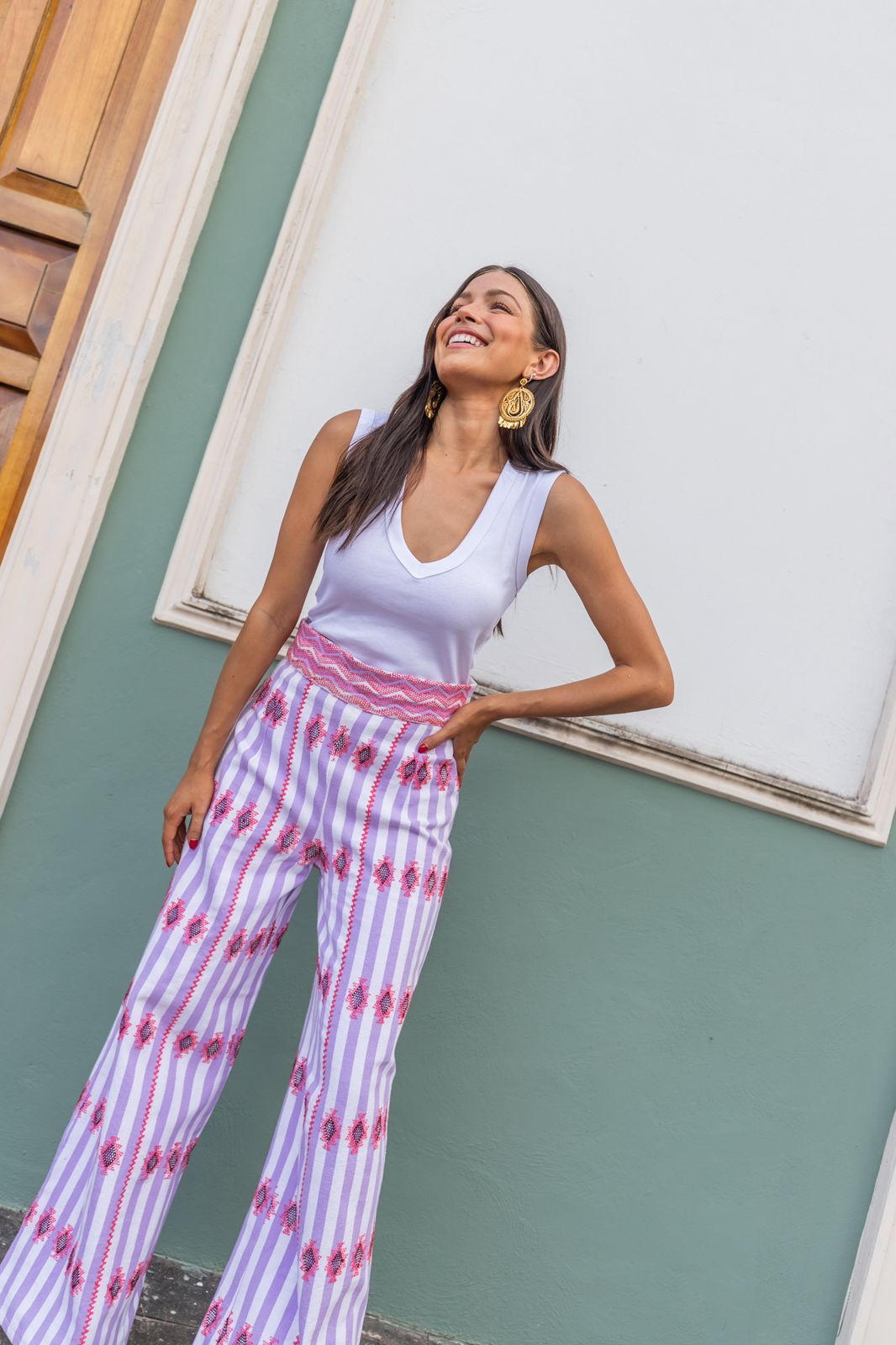 Pantalón de telar rayas lila y blanco