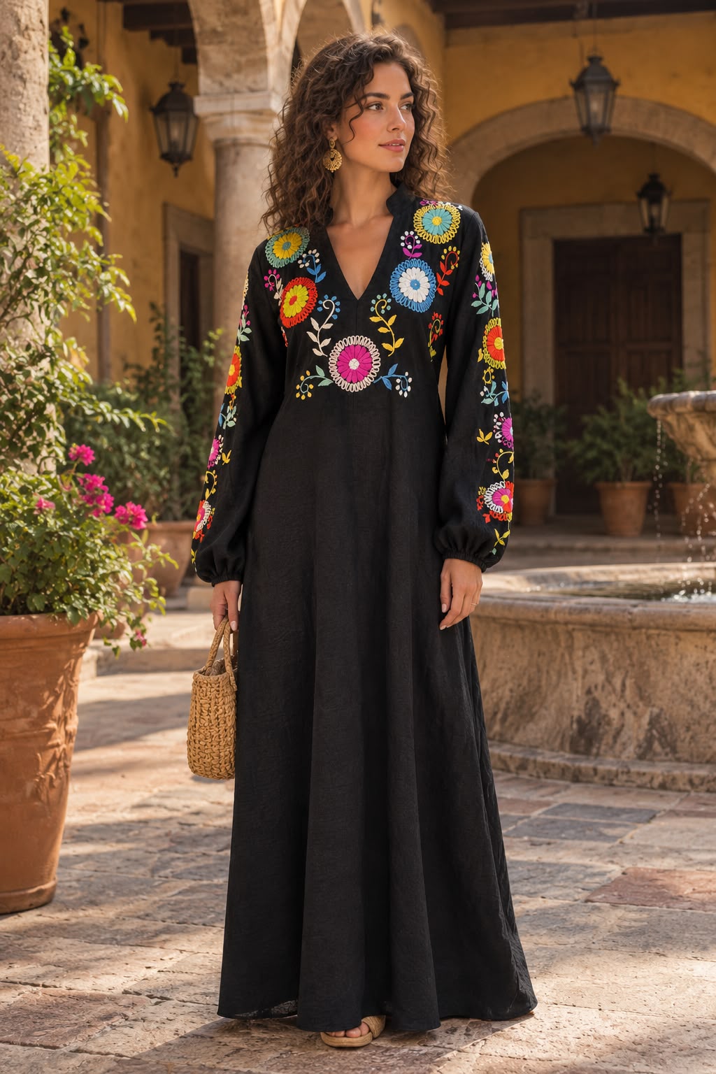 Tunica kimono negra bordado a mano